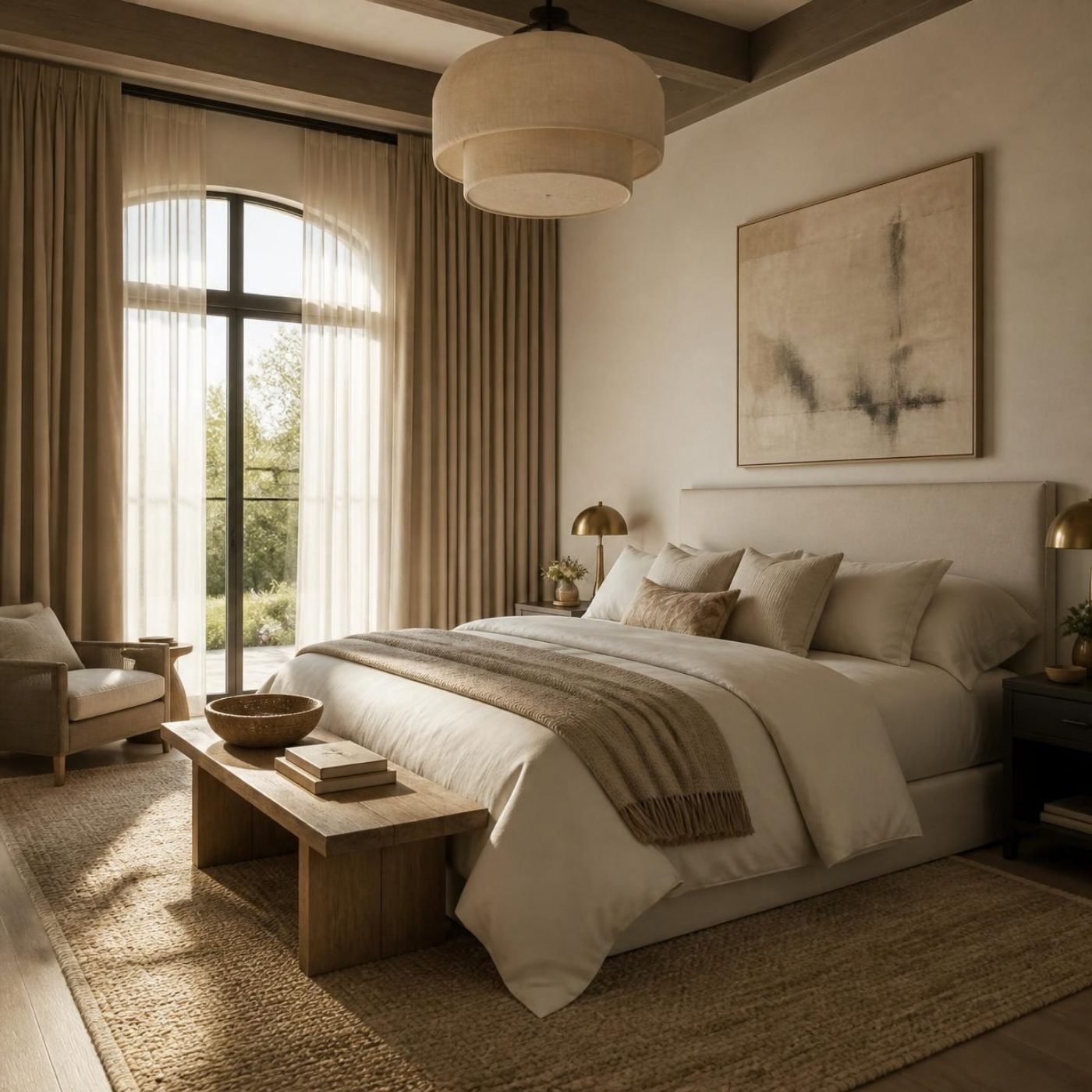 Master bedroom with curtains and linen textiles