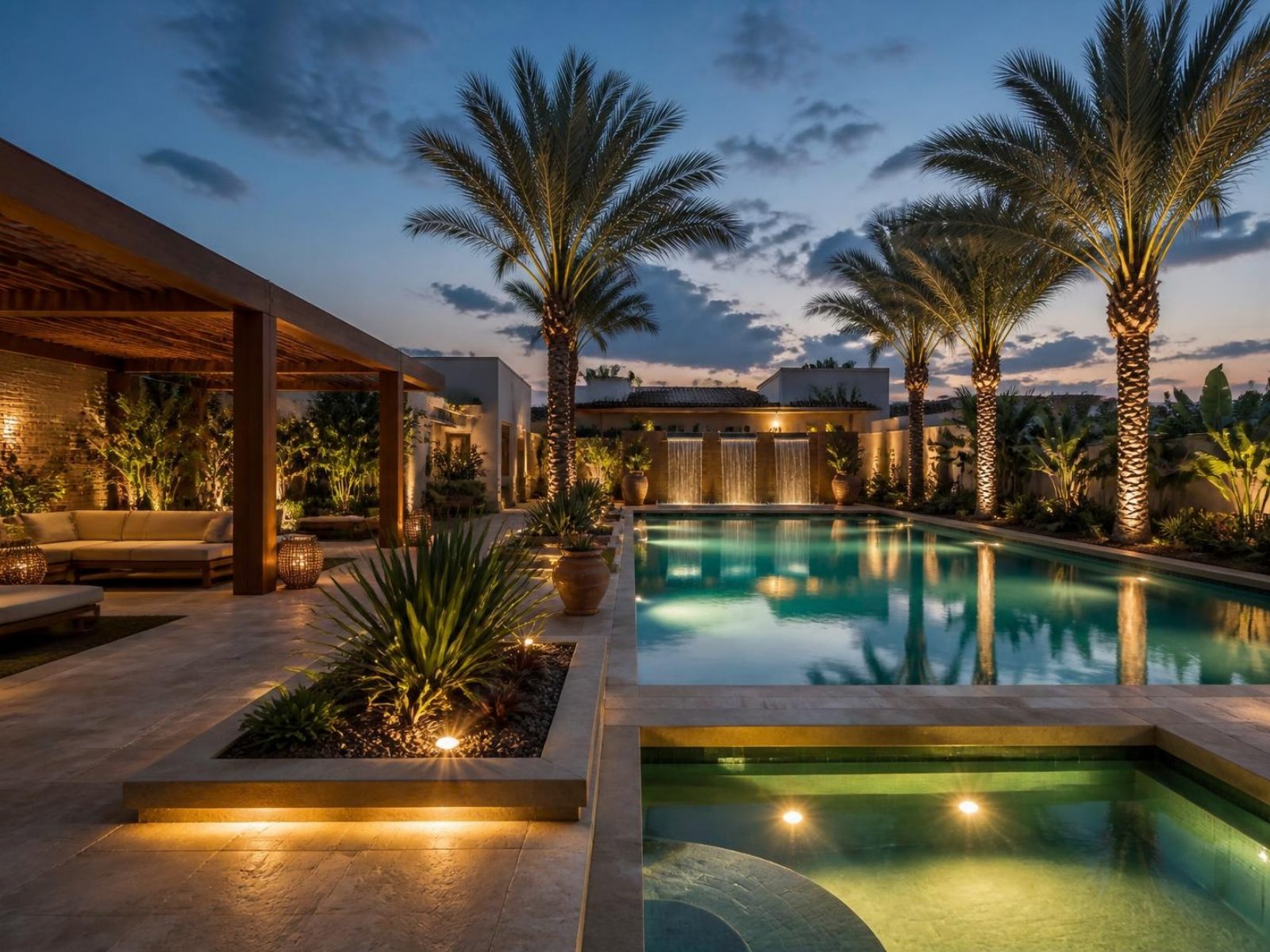 Landscaped garden and pool terrace of a modern villa