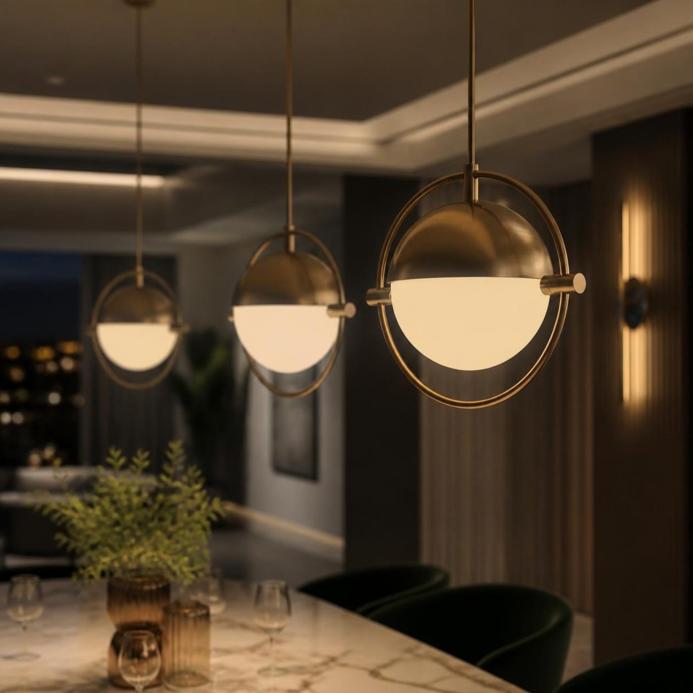 Designer pendant lighting over a dining table