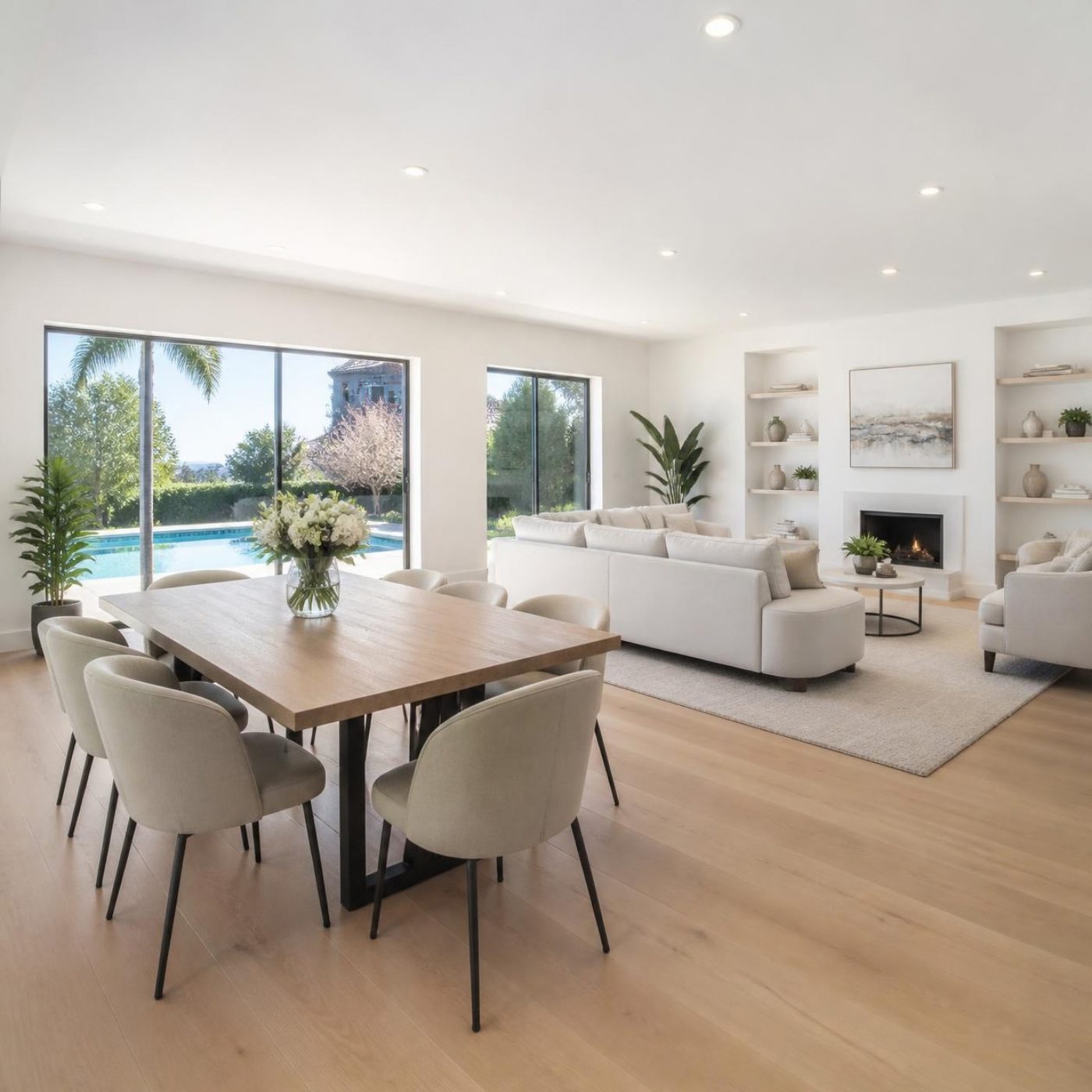 Home staging of a bright open-plan living and dining room
